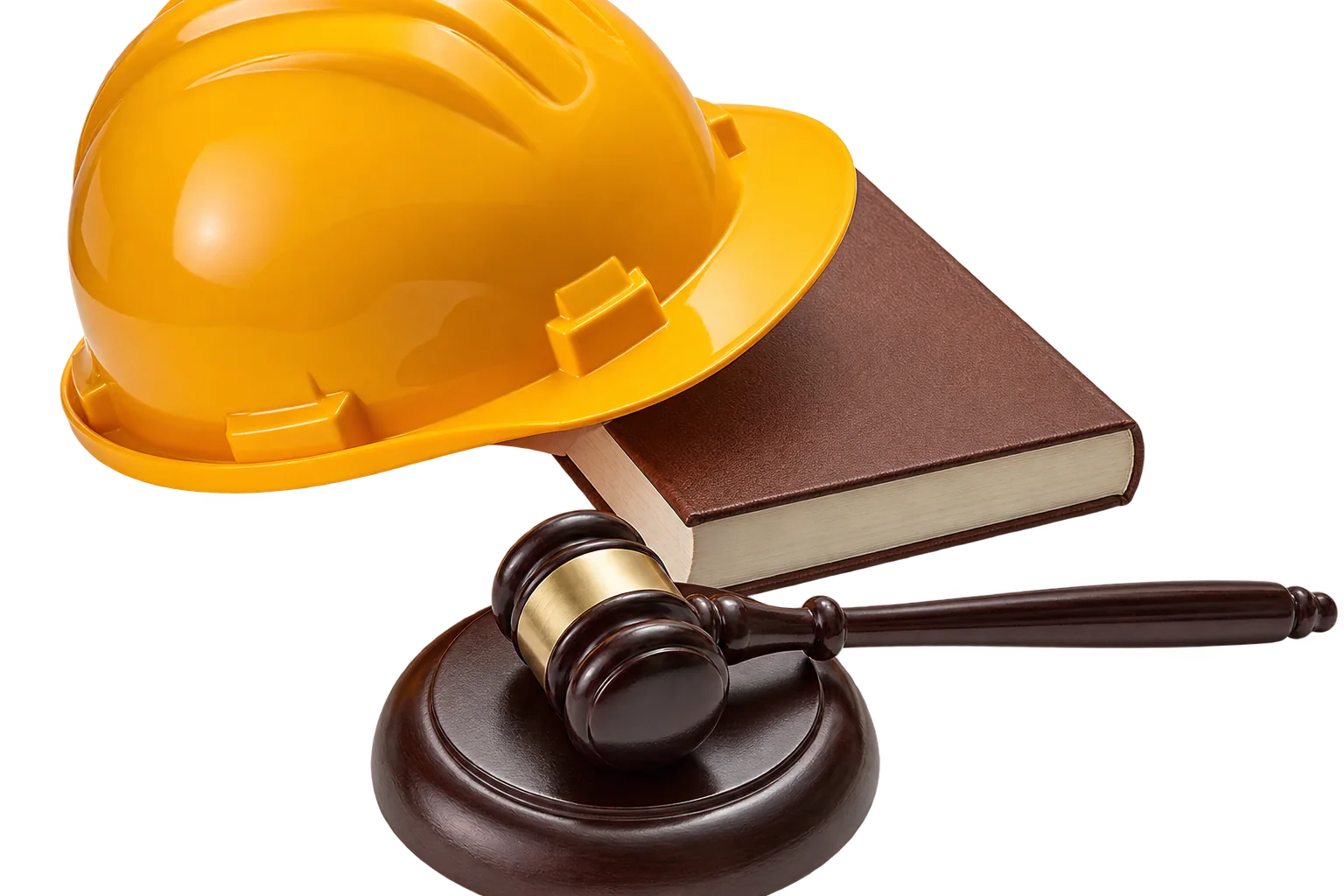 Un casque de chantier jaune est posé derrière un livre à couverture brune et un maillet de juge en bois sur son socle, sur fond clair.