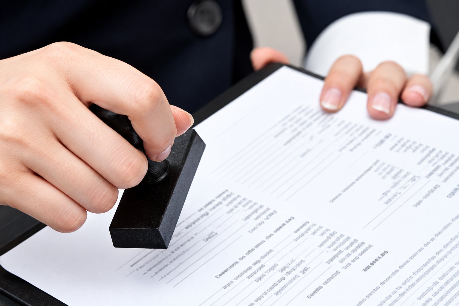 Une personne appose un tampon sur une feuille de document posée sur un bureau, tandis qu'une autre main tient la page.